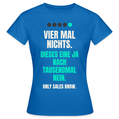 Vier Mal nichts. Dieses eine Ja nach tausendmal Nein. Motiv-T-Shirt für Frauen, Farbe Royalblau