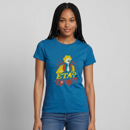 "ETA? Läuft! Midcentury-Motiv" Motiv-T-Shirt für Frauen, Farbe Antikblaues Saphir meliert