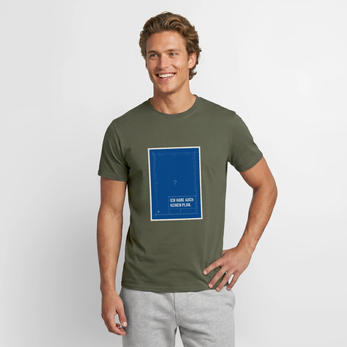 Ich habe auch keinen Plan. Motiv-T-Shirt für Männer, Farbe Militärgrün, Model