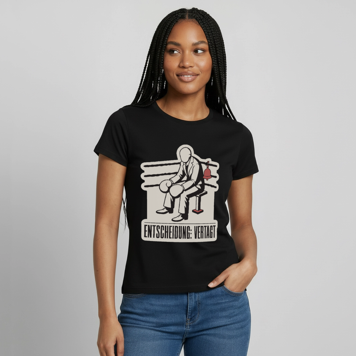 "Entscheidung: vertagt. Boxplakat-Motiv" Motiv-T-Shirt für Frauen, Farbe Schwarz