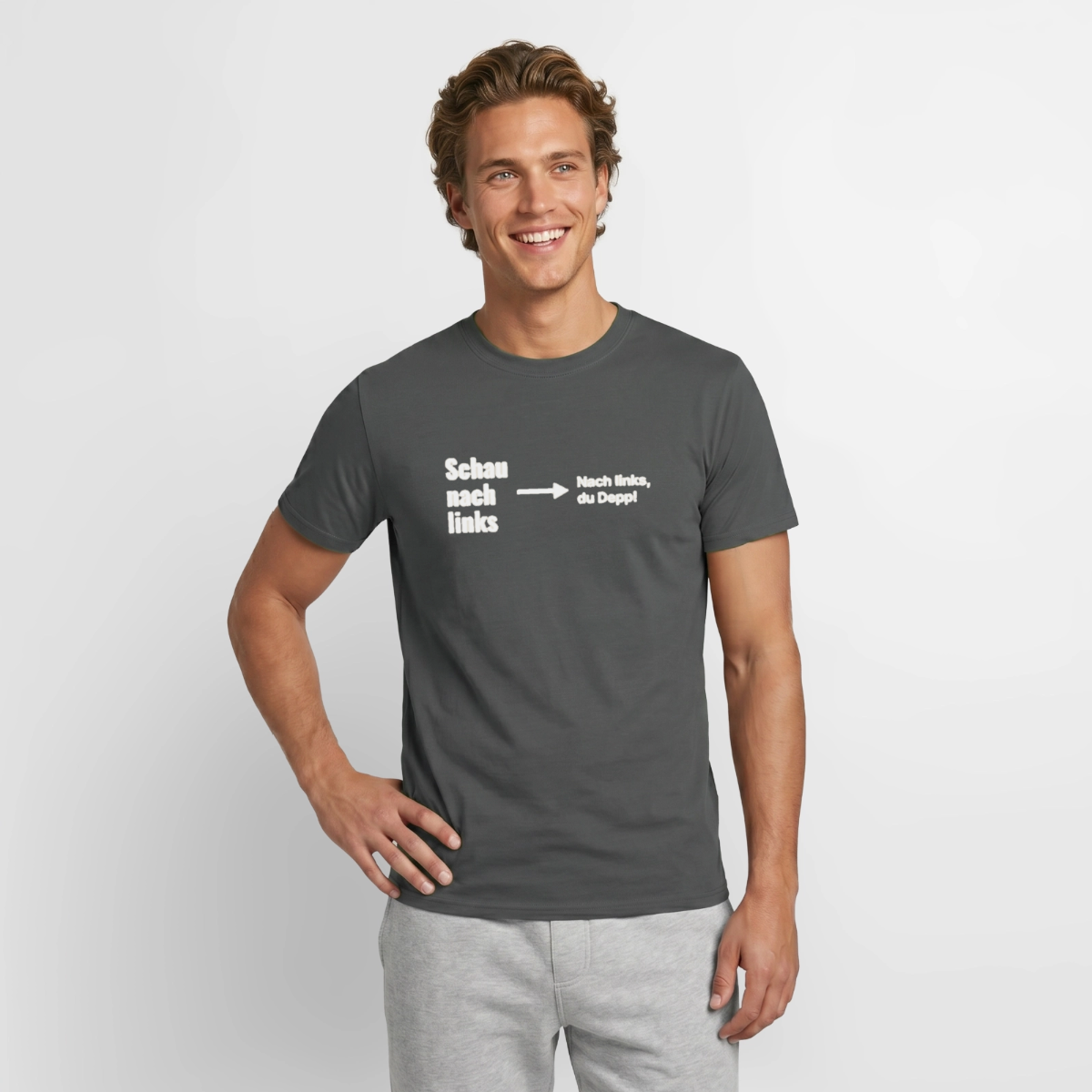 Schau nach links. Motiv-T-Shirt für Männer, Farbe Anthrazit, Model