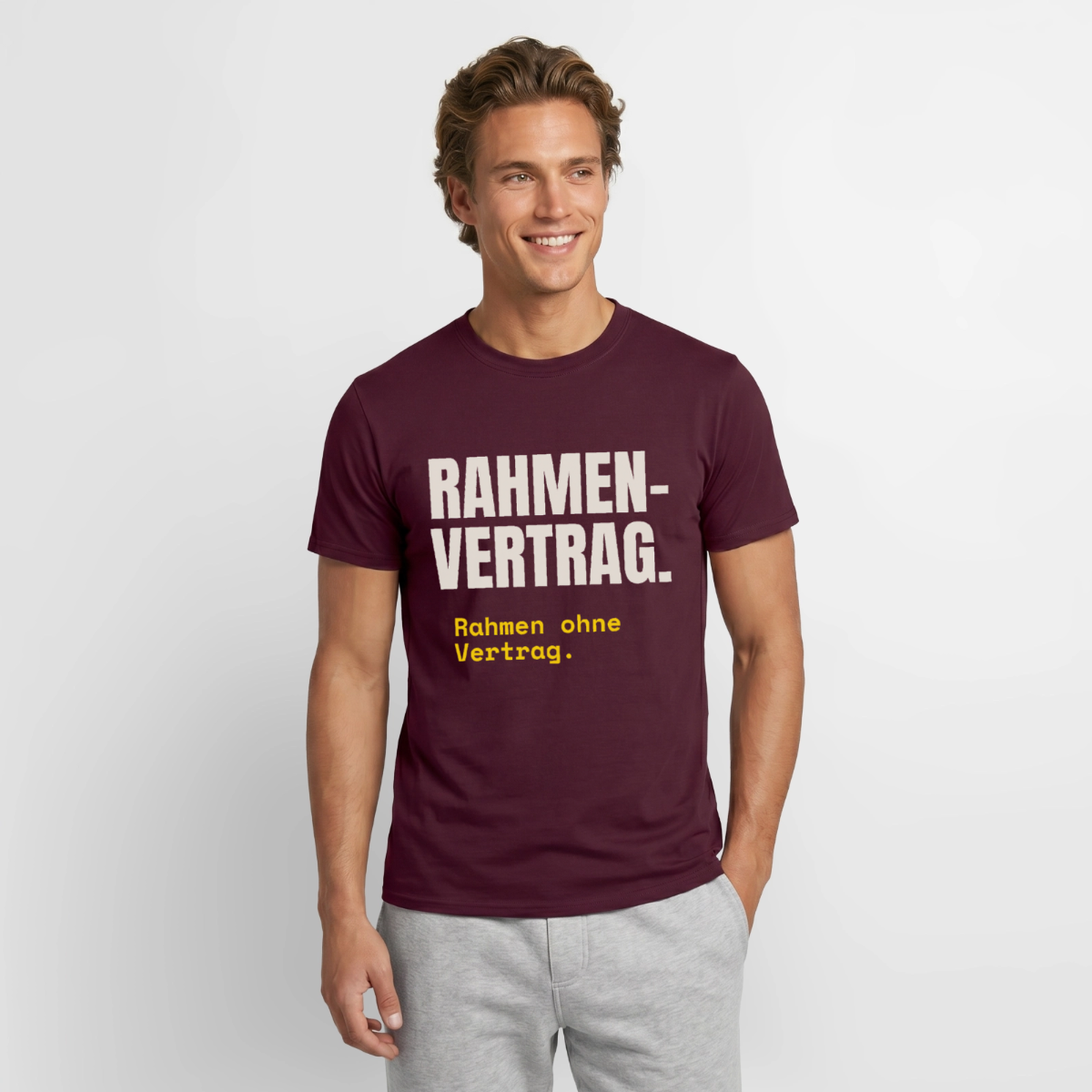 "Rahmenvertrag. Rahmen ohne Vertrag." Motiv-T-Shirt für Männer, Farbe Ziegelrot
