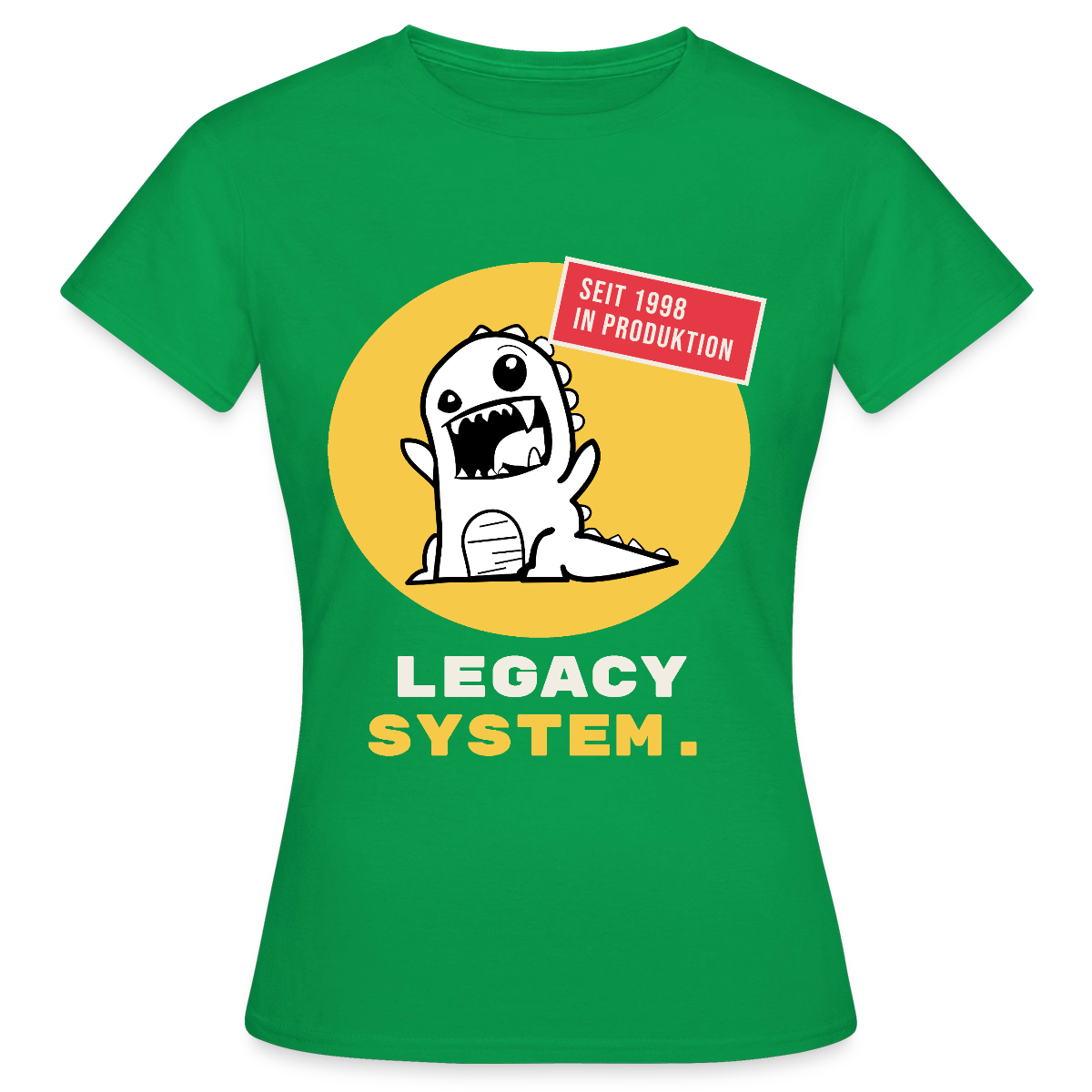 Legacy System. Seit 1998 in Produktion. Motiv-T-Shirt für Frauen, Farbe Kelly Green