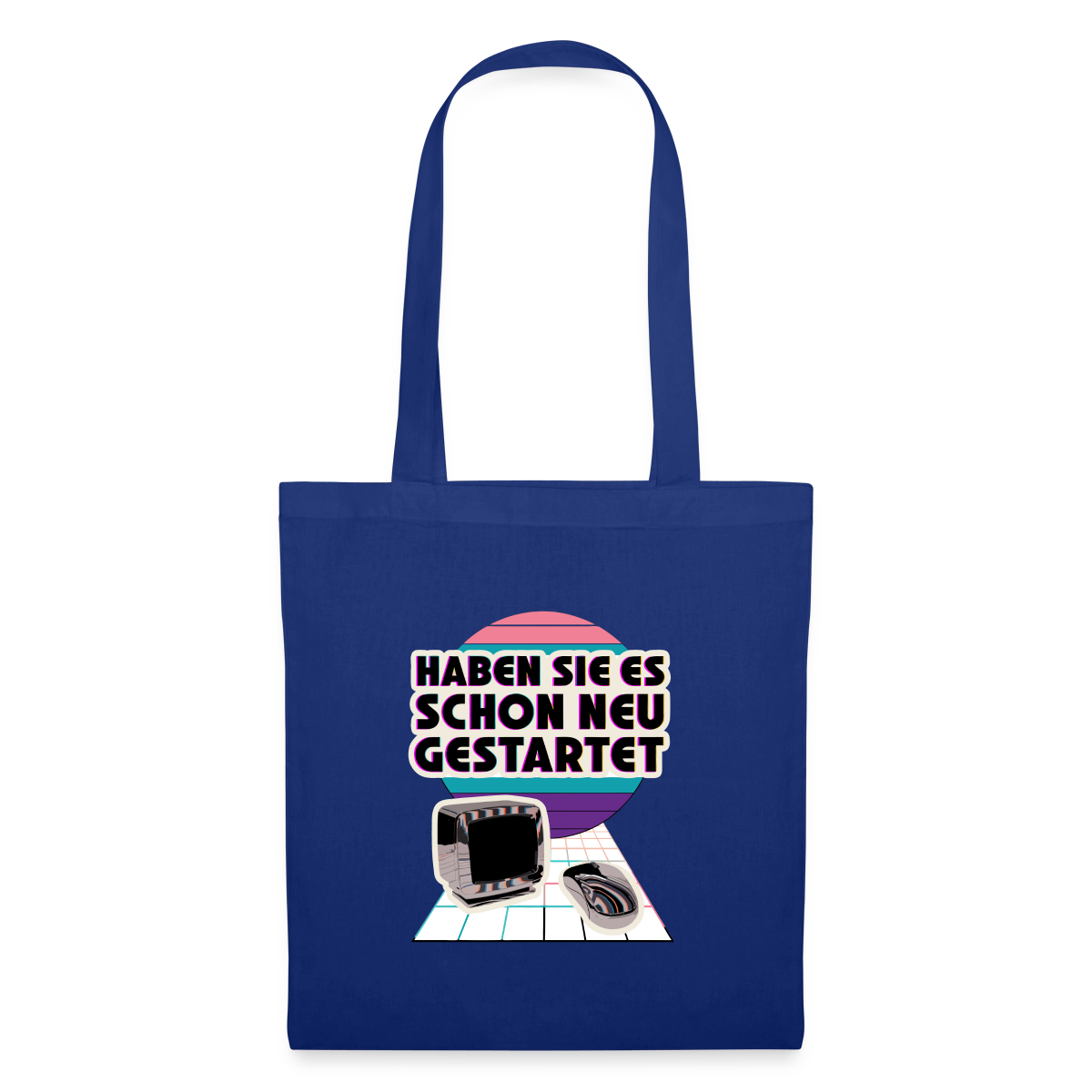 Haben Sie es schon neu gestartet? Vaporwave-Motiv Stoffbeutel, Farbe Royalblau