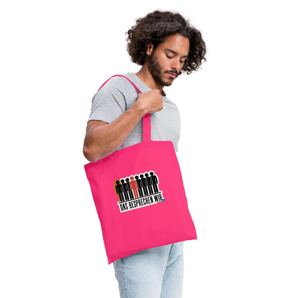"Das besprechen wir. Isotype-Motiv" Stoffbeutel, Farbe Azalea, Model