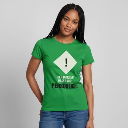 "Der Drucker hasst mich. Persönlich." Motiv-T-Shirt für Frauen, Farbe Kelly Green