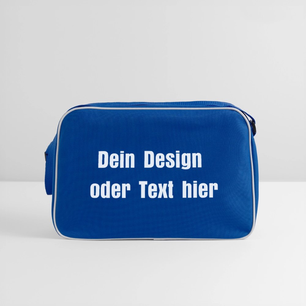 Retro Tasche mit Reißverschluss - personalisierbar - Blau/Weiß