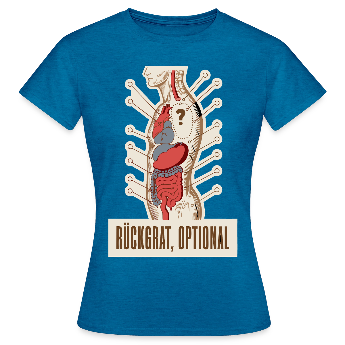 Rückgrat, optional. Anatomie-Motiv Motiv-T-Shirt für Frauen, Farbe Antikblaues Saphir meliert