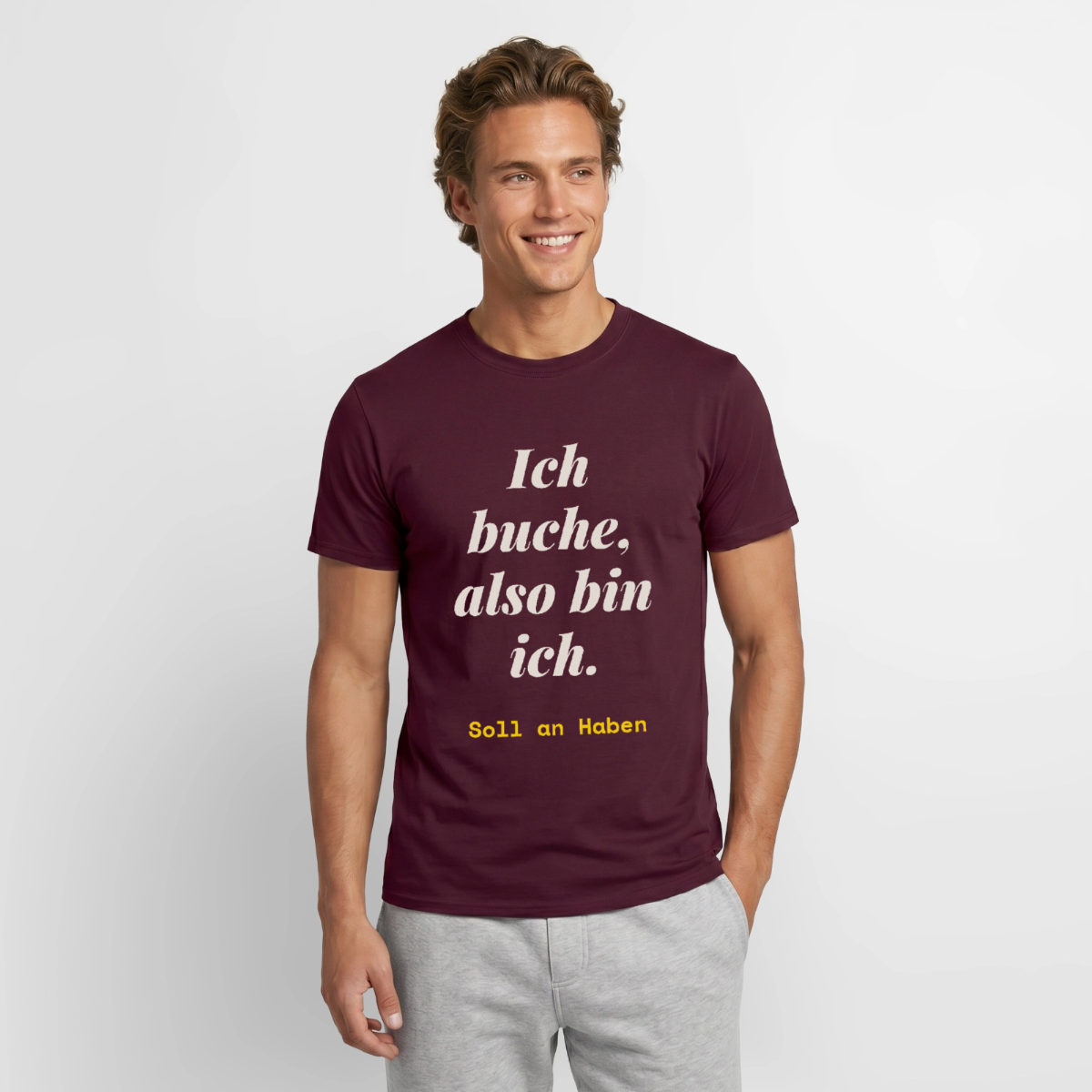 "Ich buche, also bin ich." Motiv-T-Shirt für Männer, Farbe Ziegelrot
