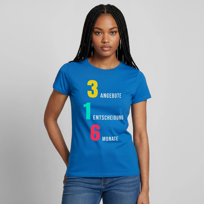 "3 Angebote. 1 Entscheidung. 6 Monate." Motiv-T-Shirt für Frauen, Farbe Royalblau