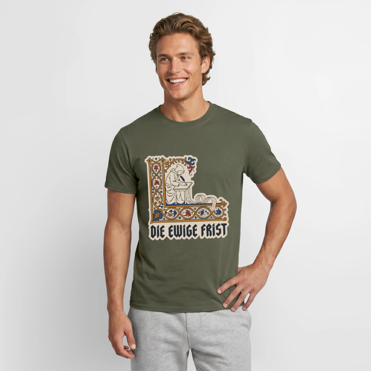 "Die ewige Frist. Buchmalerei-Motiv" Motiv-T-Shirt für Männer, Farbe Militärgrün