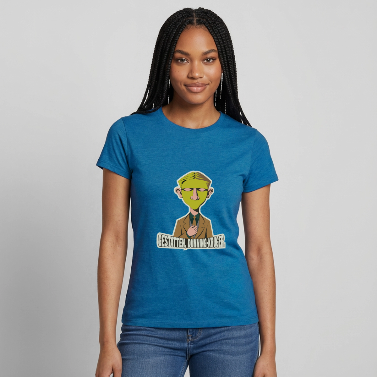 "Gestatten, Dunning-Kruger. Neue-Sachlichkeit-Motiv" Motiv-T-Shirt für Frauen, Farbe Antikblaues Saphir meliert