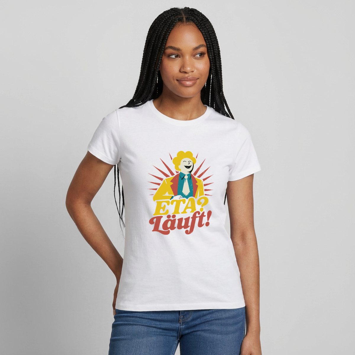 "ETA? Läuft! Midcentury-Motiv" Motiv-T-Shirt für Frauen, Farbe Weiß