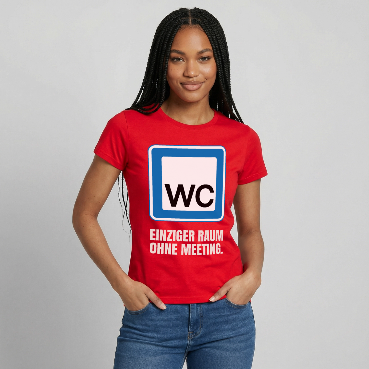 "WC: einziger Raum ohne Meeting." Motiv-T-Shirt für Frauen, Farbe Rot