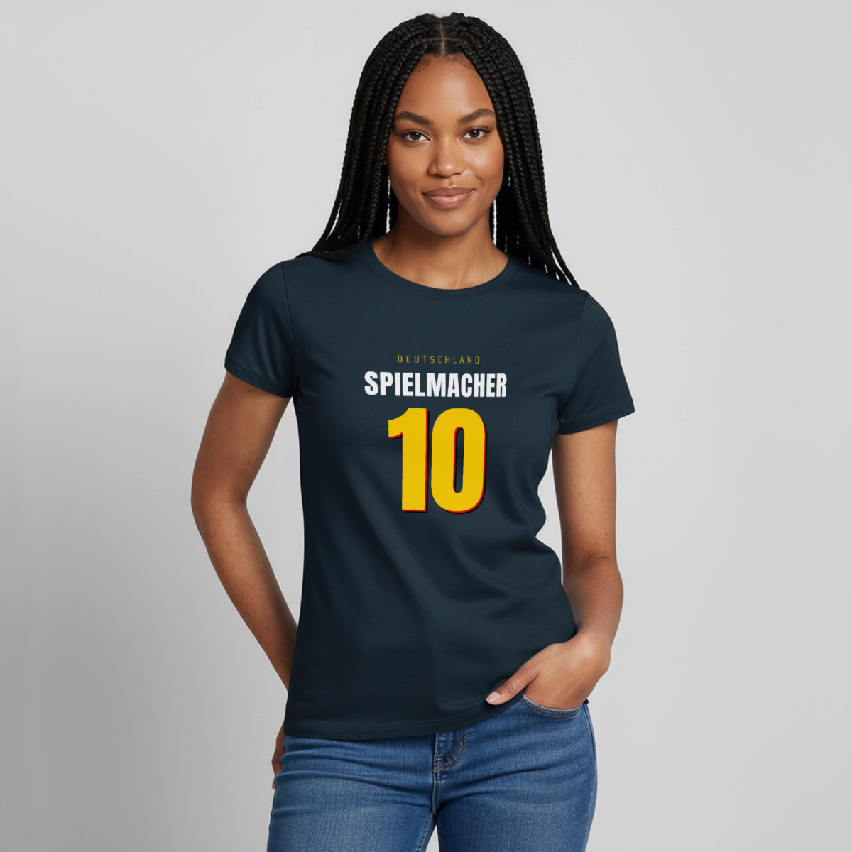 Spielmacher. Trikotnummer-Motiv Motiv-T-Shirt für Frauen, Farbe Navy, Model