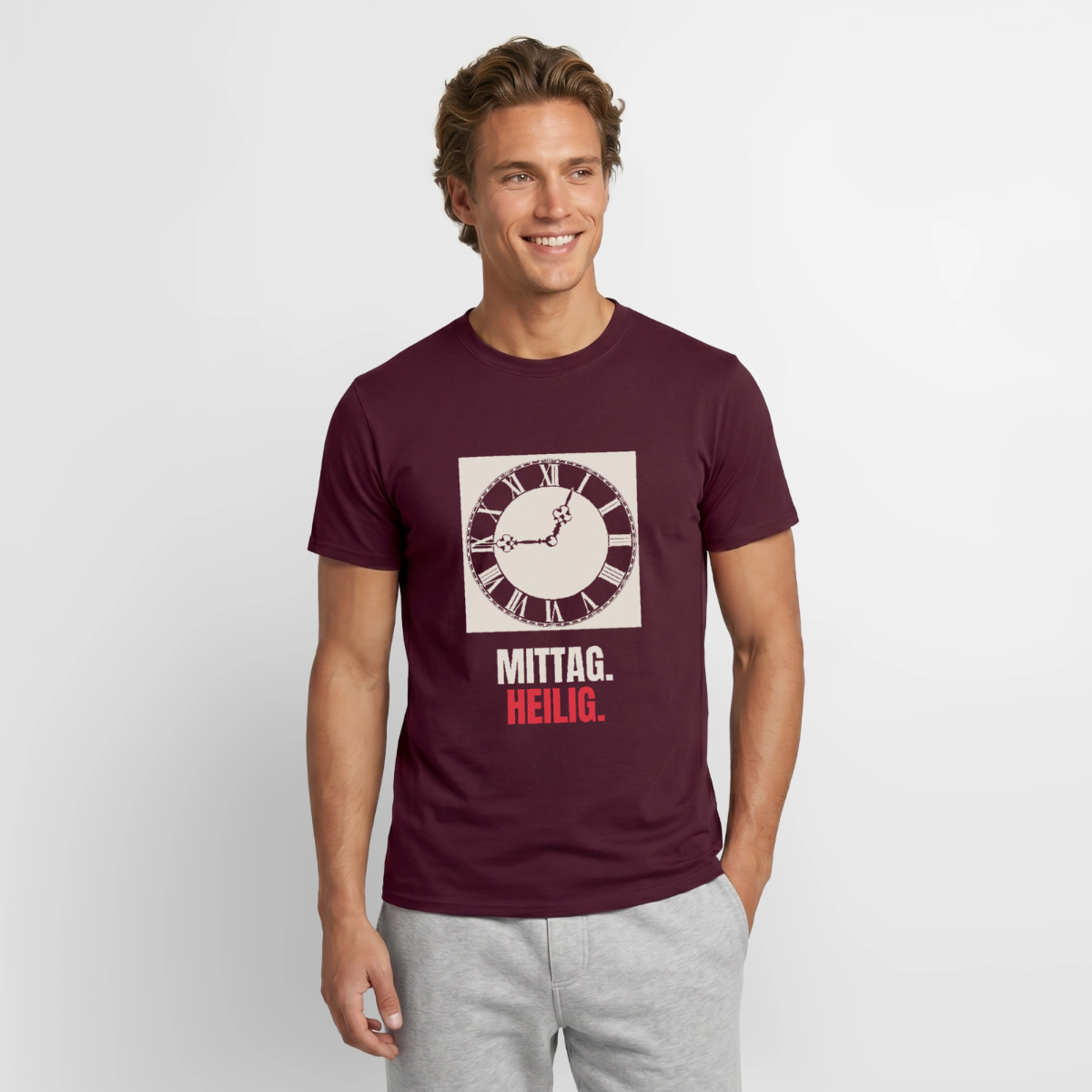 "Mittag. Heilig." Motiv-T-Shirt für Männer, Farbe Ziegelrot