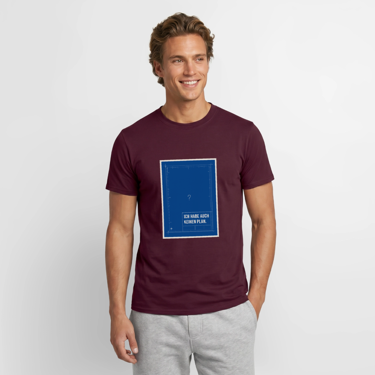 Ich habe auch keinen Plan. Motiv-T-Shirt für Männer, Farbe Ziegelrot, Model