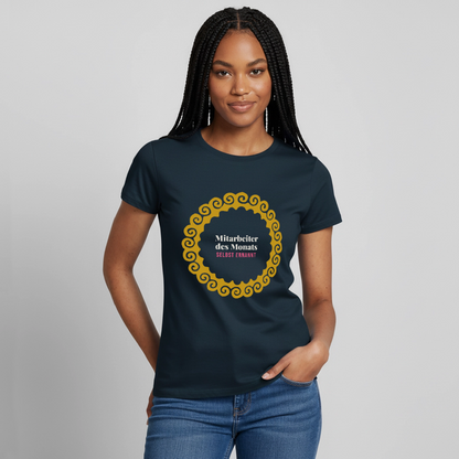 "Mitarbeiter des Monats, selbst ernannt. Gold-Motiv" Motiv-T-Shirt für Frauen, Farbe Navy