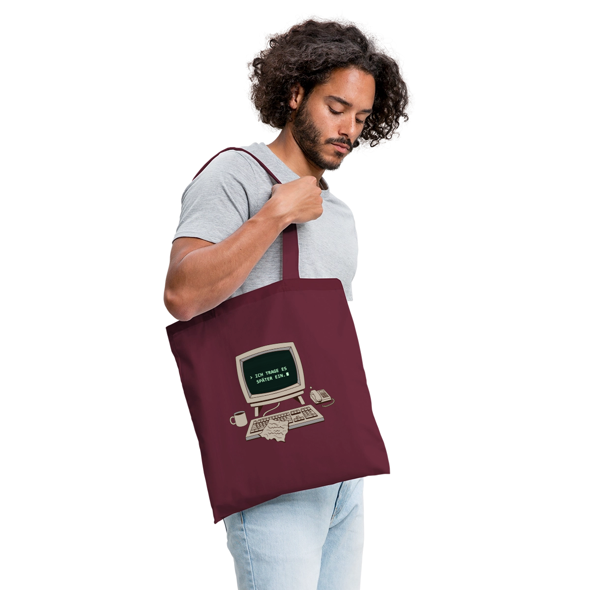 Ich trage es später ein. Stoffbeutel, Farbe Burgunderrot, Model