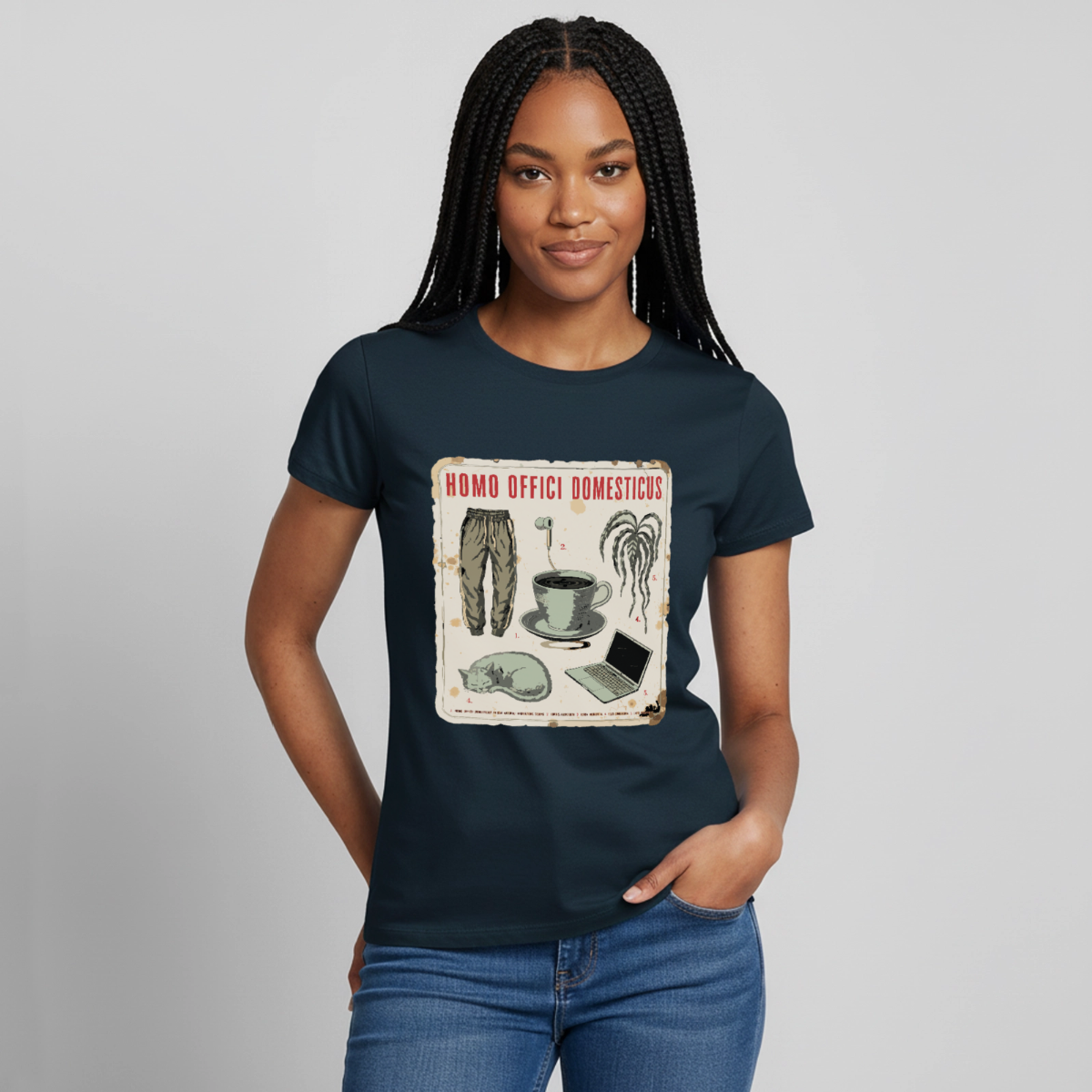 Homo Offici Domesticus Motiv-T-Shirt für Frauen, Farbe Navy, Model