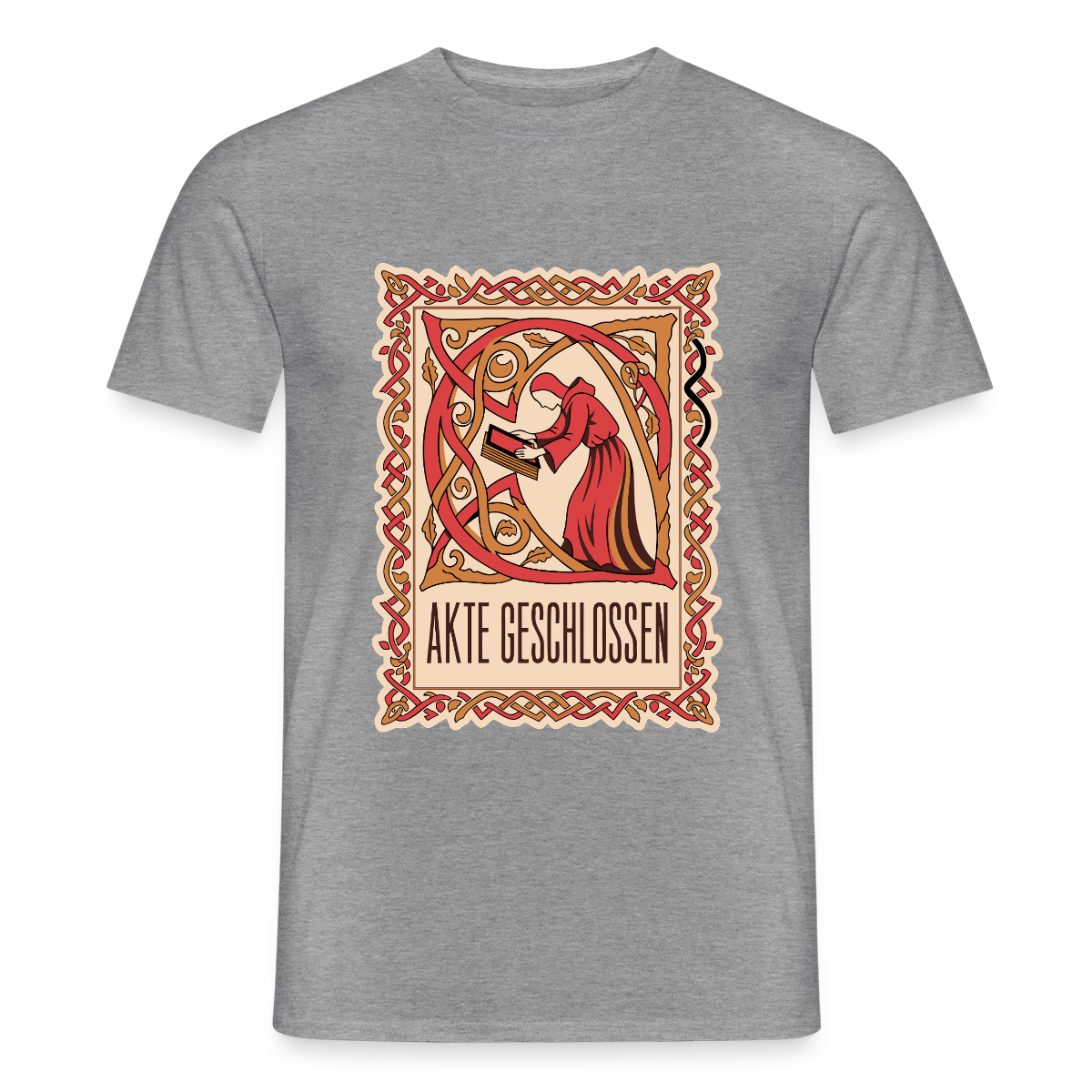 "Akte geschlossen. Buchmalerei-Motiv" Motiv-T-Shirt für Männer, Farbe Graphit meliert