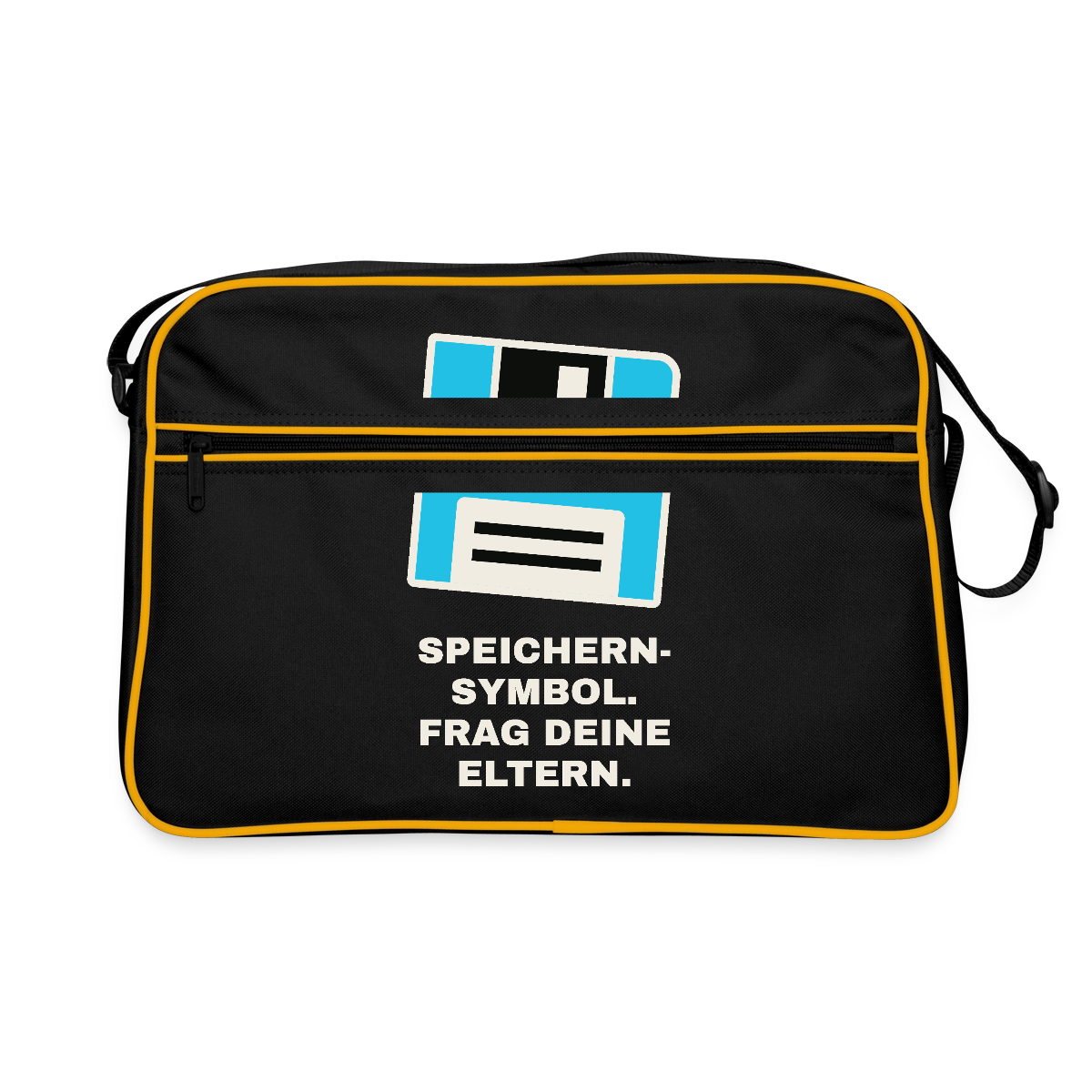 "Speichern-Symbol. Frag deine Eltern." Motiv-Retro-Tasche, Farbe Schwarz/Gold