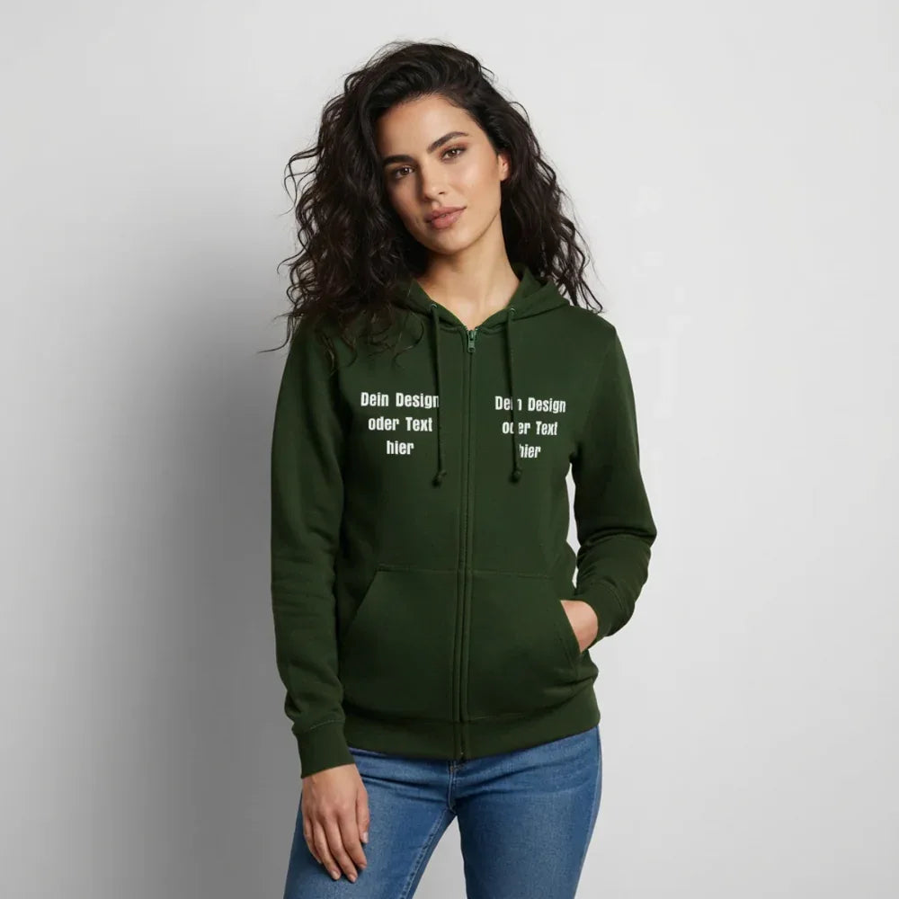 Unisex Kapuzenjacke - personalisierbare Vorder- und Rückseite - Forstgrün 
