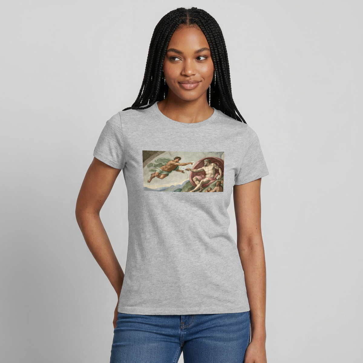 Die Schnittstelle. Renaissance-Motiv Motiv-T-Shirt für Frauen, Farbe Grau meliert, Model