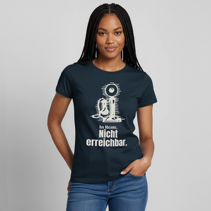 "In Rente. Nicht erreichbar. Strichzeichnung" Motiv-T-Shirt für Frauen, Farbe Navy