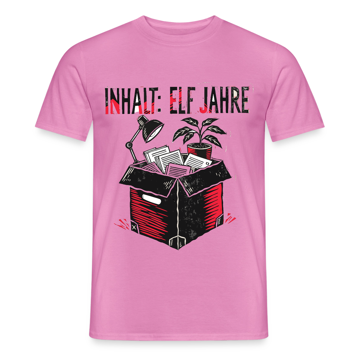 "Inhalt: elf Jahre. Linolschnitt-Motiv" Motiv-T-Shirt für Männer, Farbe Pink