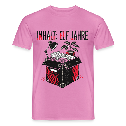"Inhalt: elf Jahre. Linolschnitt-Motiv" Motiv-T-Shirt für Männer, Farbe Pink