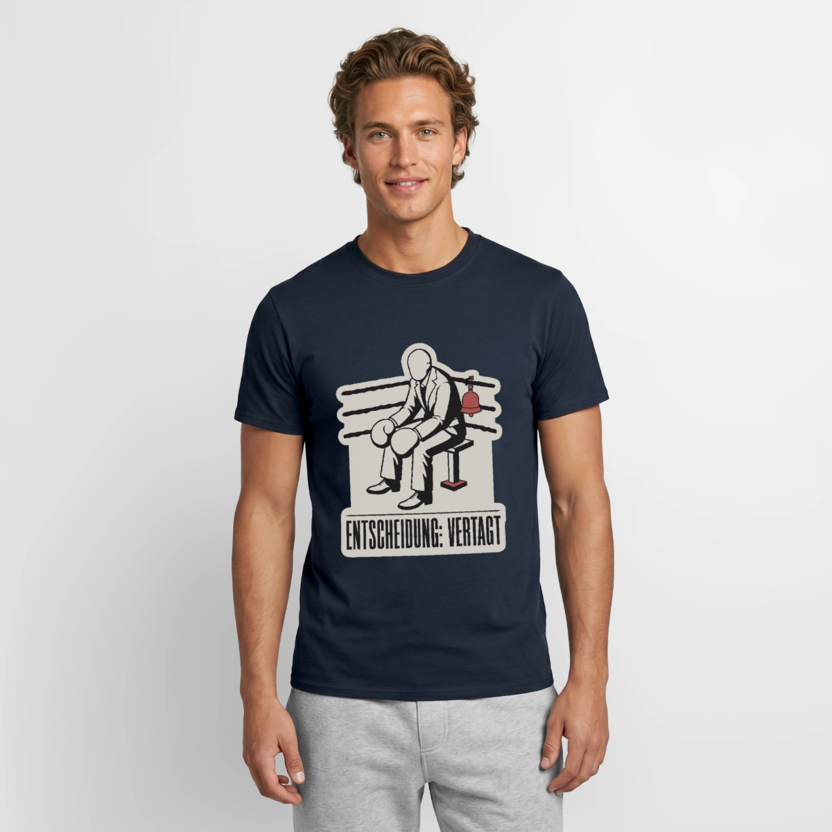 "Entscheidung: vertagt. Boxplakat-Motiv" Motiv-T-Shirt für Männer, Farbe Navy