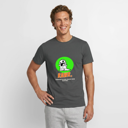"Rawr. Übersetzung: nach dem Kaffee. Sticker-Motiv" Motiv-T-Shirt für Männer, Farbe Anthrazit