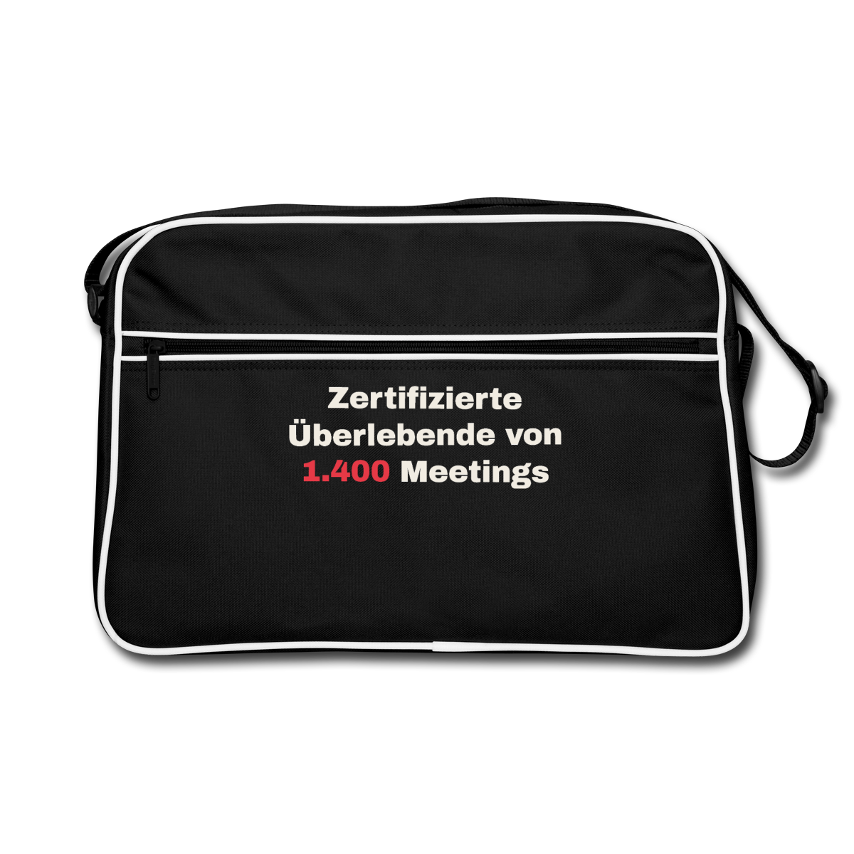 "Zertifizierte Überlebende von 1.400 Meetings" Motiv-Retro-Tasche, Farbe Schwarz/Weiß