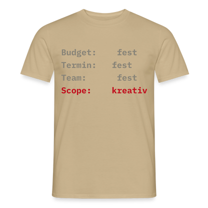 Budget: fest. Termin: fest. Team: fest. Scope: kreativ. Motiv-T-Shirt für Männer, Farbe Sandbeige