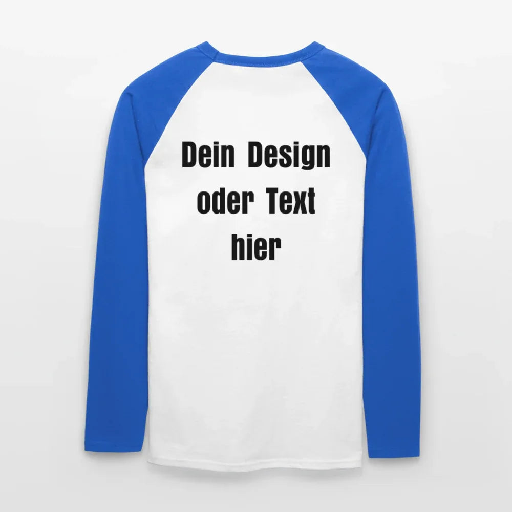 Männer Baseballshirt langarm - personalisierbare Vorder- und Rückseite - Weiß/Royalblau