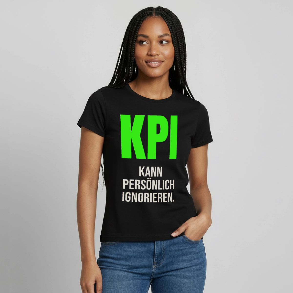 "KPI kann persönlich ignorieren." Motiv-T-Shirt für Frauen, Farbe Schwarz