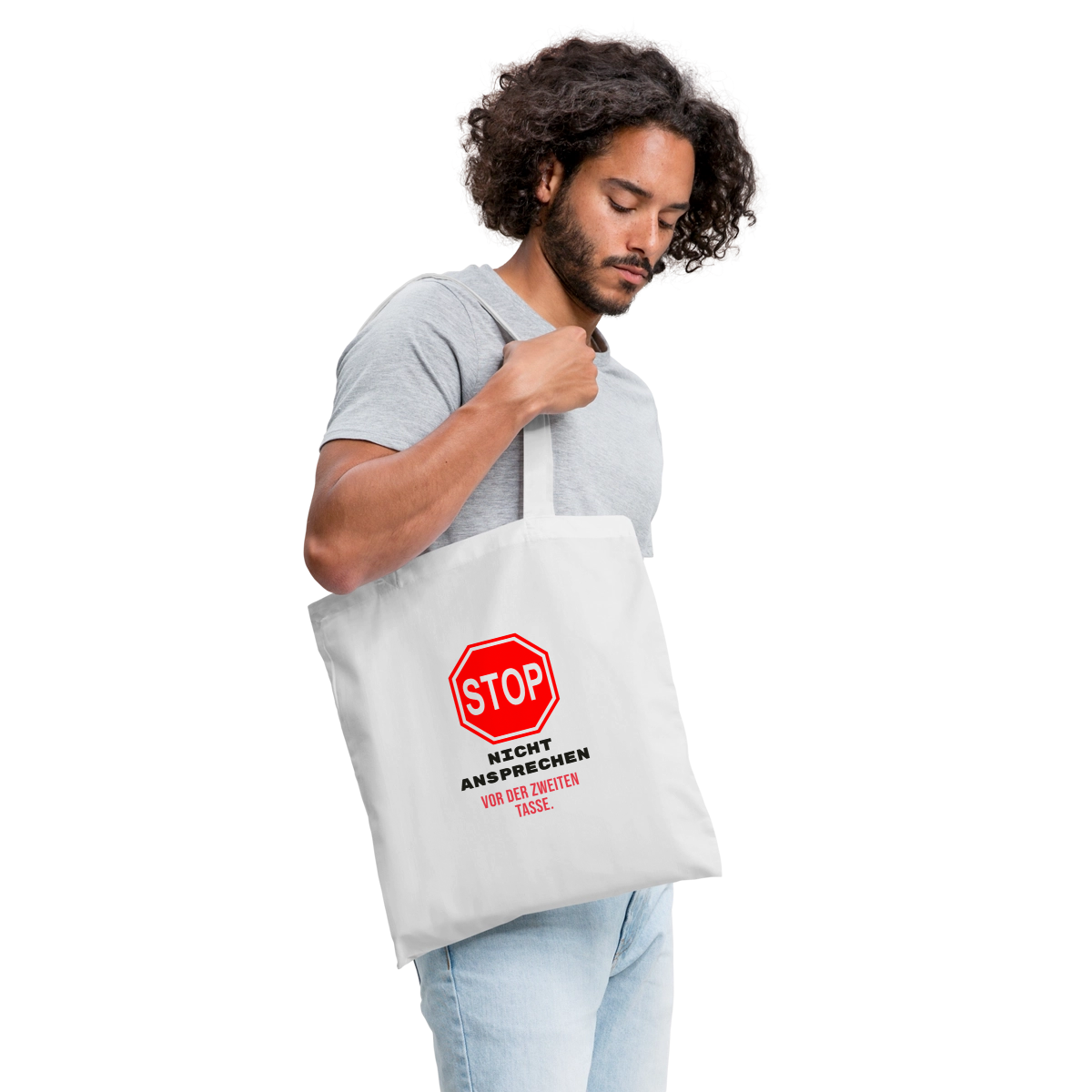 Nicht ansprechen vor der zweiten Tasse. Stoffbeutel, Farbe Weiß, Model