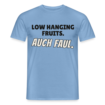 "Low hanging fruits. Auch faul." Motiv-T-Shirt für Männer, Farbe Carolina Blue