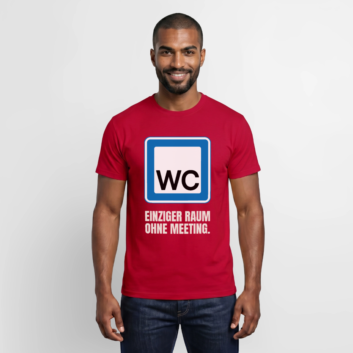 "WC: einziger Raum ohne Meeting." Motiv-T-Shirt für Männer, Farbe Rot