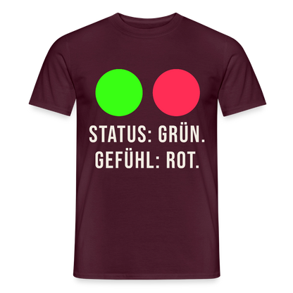 Status: grün. Gefühl: rot. Motiv-T-Shirt für Männer, Farbe Ziegelrot