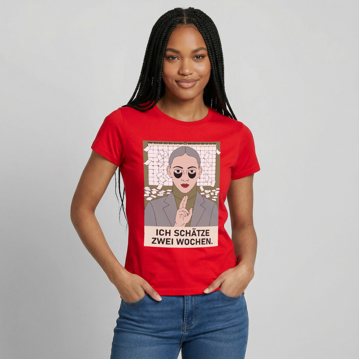 Ich schätze zwei Wochen. Porträt-Motiv Motiv-T-Shirt für Frauen, Farbe Rot, Model