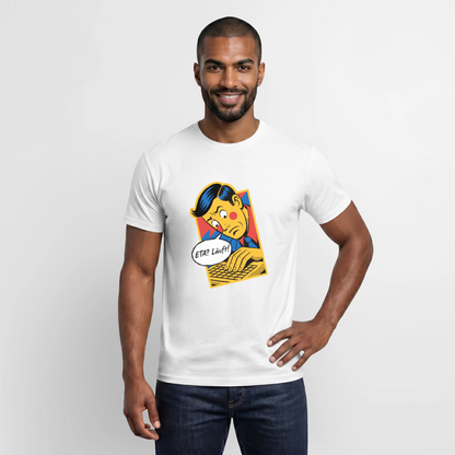 "ETA? Läuft! Popart-Motiv" Motiv-T-Shirt für Männer, Farbe Weiß