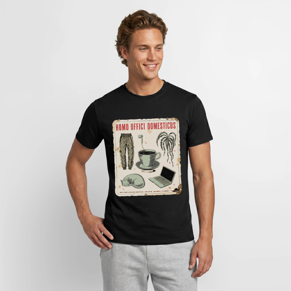 "Homo Offici Domesticus" Motiv-T-Shirt für Männer, Farbe Schwarz, Model