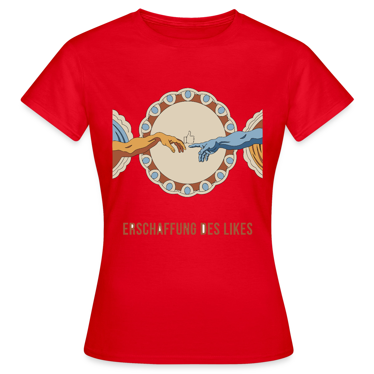 Erschaffung des Likes. Fresko-Motiv Motiv-T-Shirt für Frauen, Farbe Rot