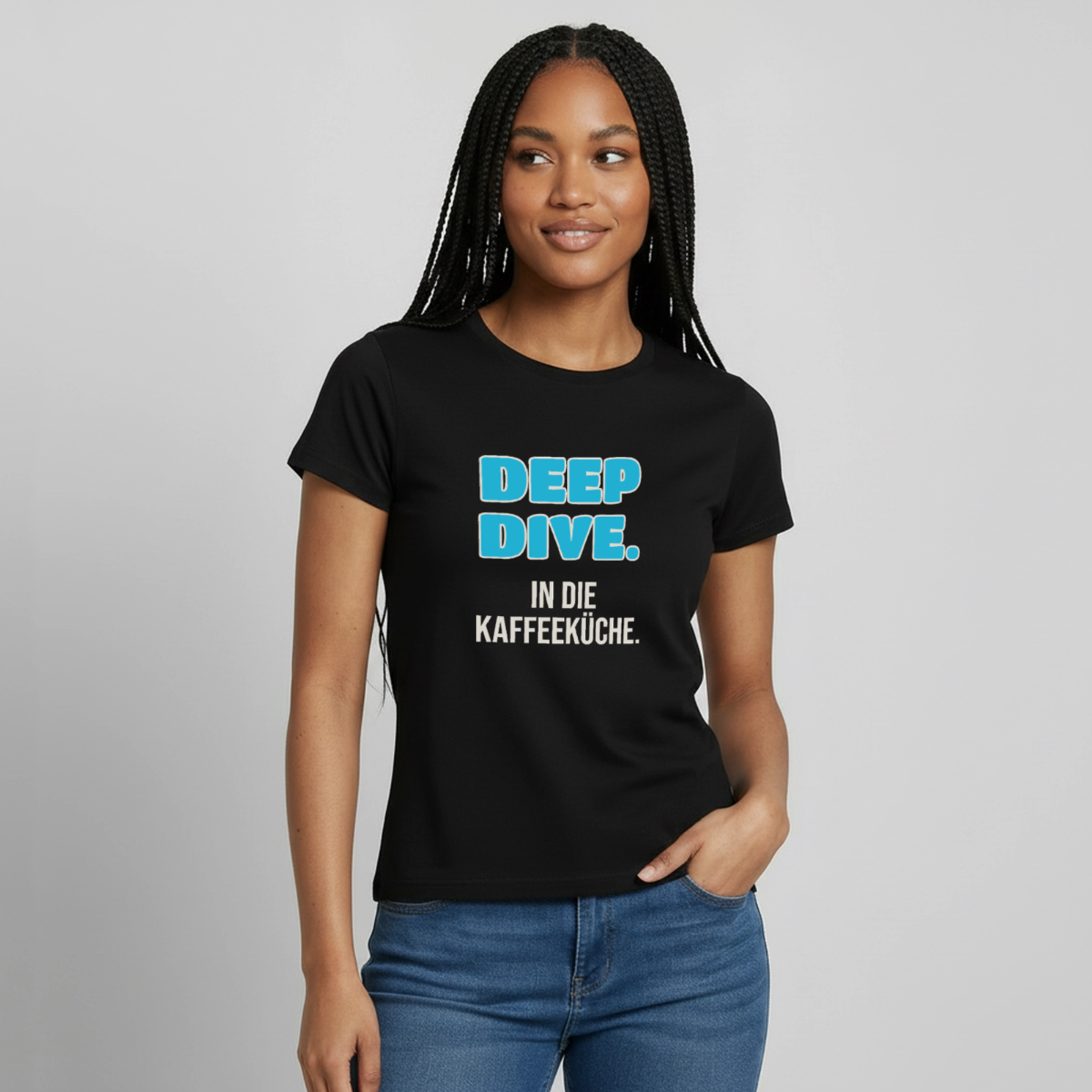 "Deep Dive. In die Kaffeeküche." Motiv-T-Shirt für Frauen, Farbe Schwarz