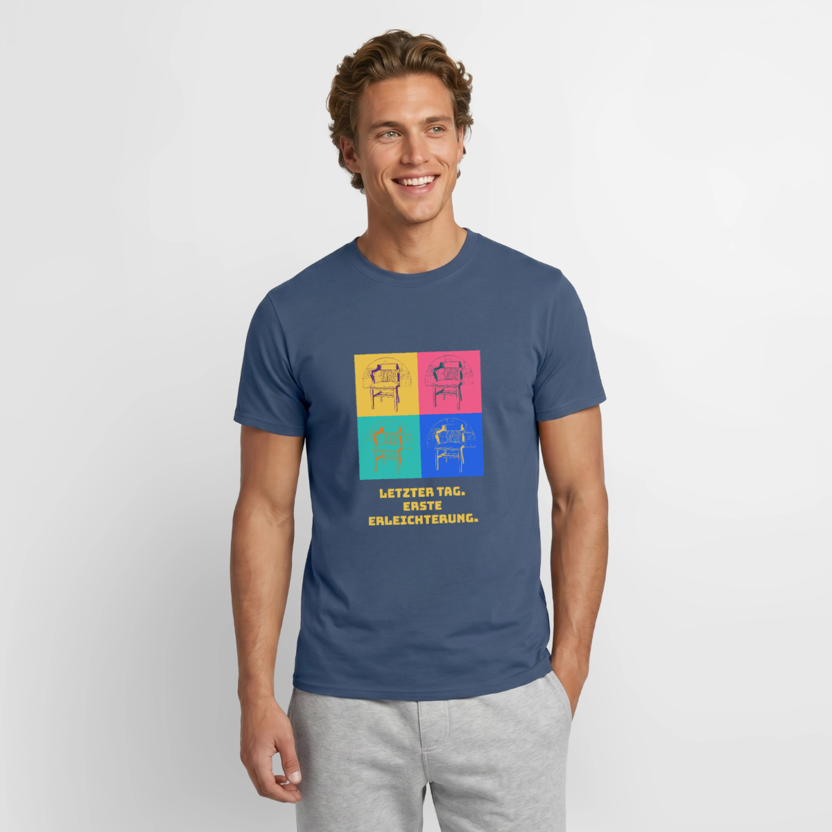 "Letzter Tag. Erste Erleichterung. Popart-Motiv" Motiv-T-Shirt für Männer, Farbe Dunkles Denimblau