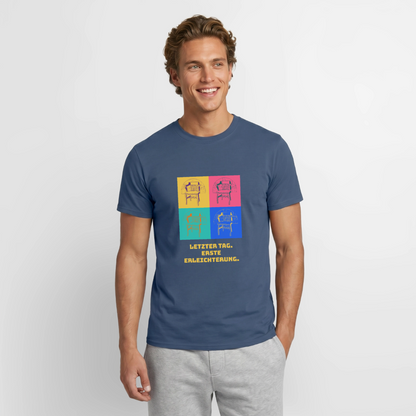 "Letzter Tag. Erste Erleichterung. Popart-Motiv" Motiv-T-Shirt für Männer, Farbe Dunkles Denimblau