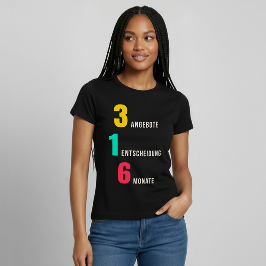 "3 Angebote. 1 Entscheidung. 6 Monate." Motiv-T-Shirt für Frauen, Farbe Schwarz, Model
