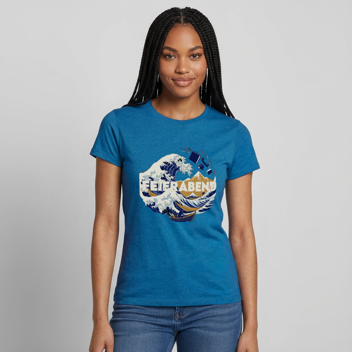 "Feierabend. Ukiyo-e-Motiv" Motiv-T-Shirt für Frauen, Farbe Antikblaues Saphir meliert